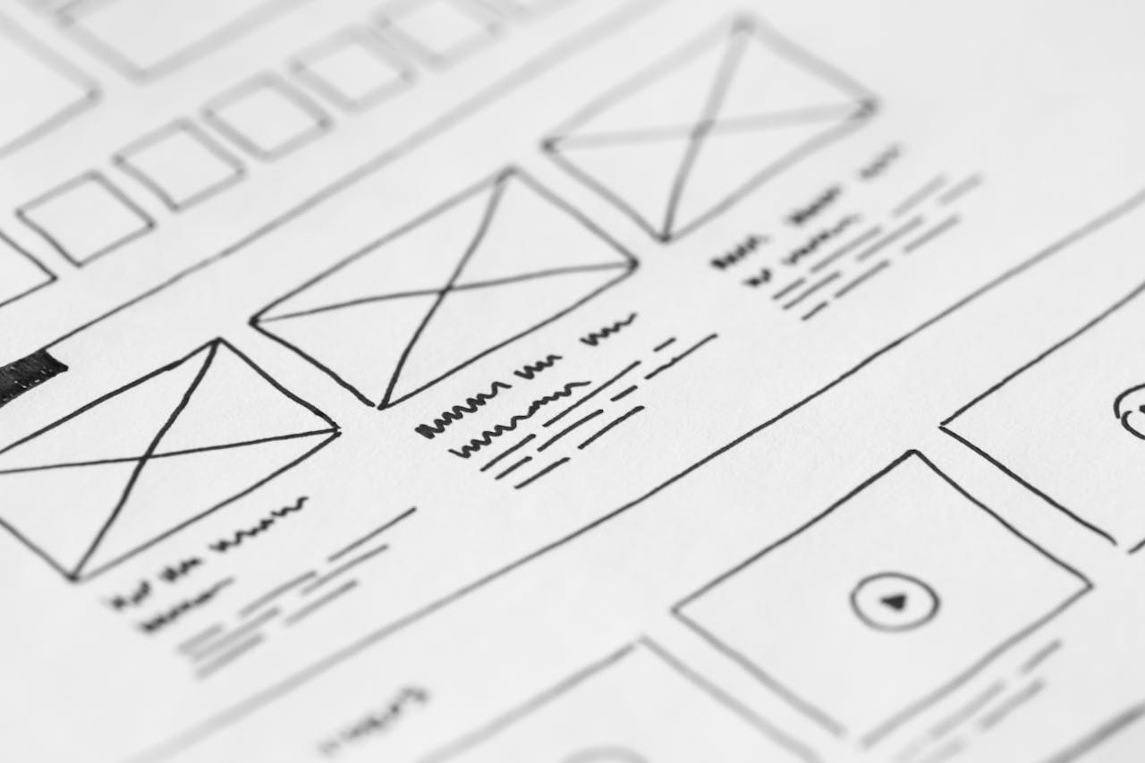 gallery-03 Detailed close-up of a hand-drawn wireframe design on paper for a UX project.